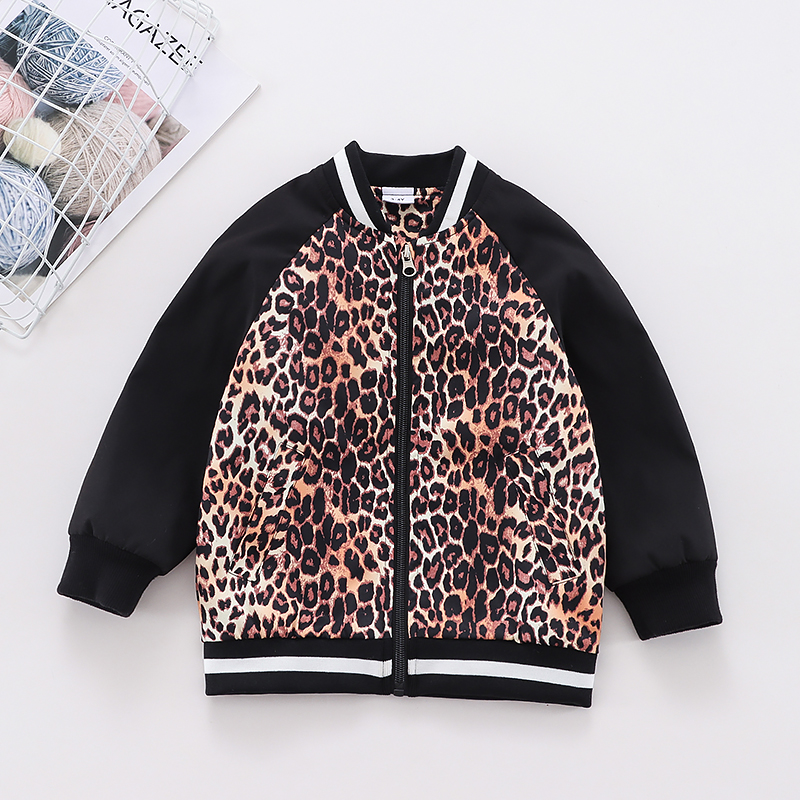 

Toddler Girl/Boy Leopard Print Striped Zipper Bomber Jacket