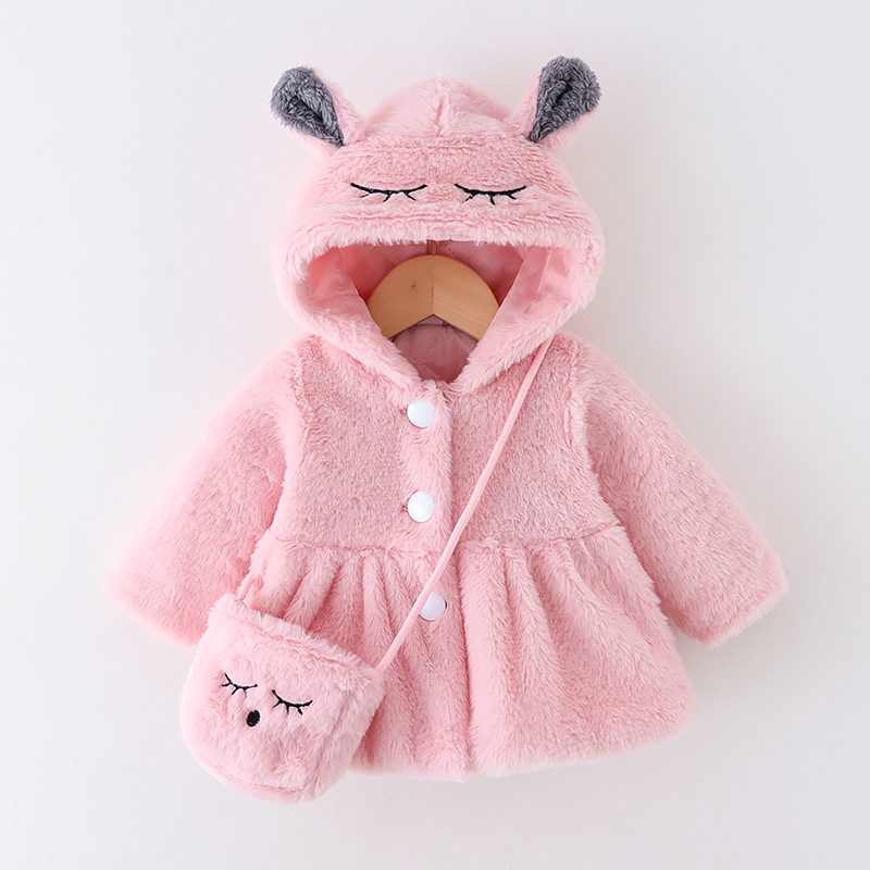 

2pcs Baby Cartoon Rabbit 3D Ears Pink Fleece Long-sleeve Hooded Coat with Shoulder Bag Set