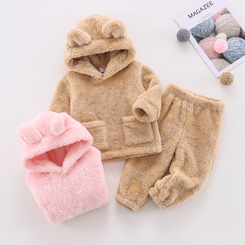

2pcs Baby Solid Thickened Fuzzy Fleece Long-sleeve Hoodie and Trousers Set