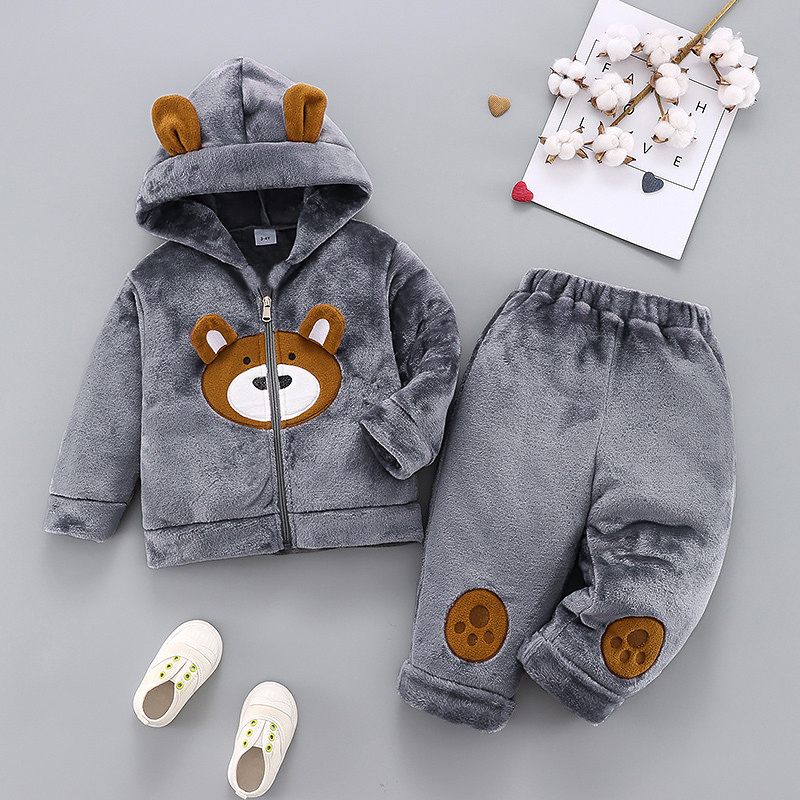 

2-piece Toddler Girl/Boy Bear Embroidered Zipper Hooded Fuzzy Coat and Pants Set