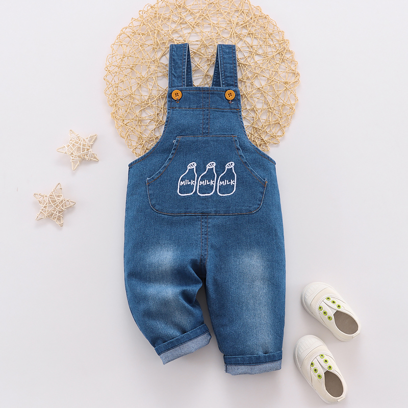

Baby Milk Bottle and Letter Embroidered Sleeveless Blue Denim Overalls
