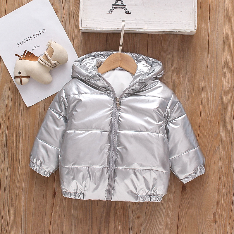 

Toddler Boy Zipper Hooded Metallic Silver Coat
