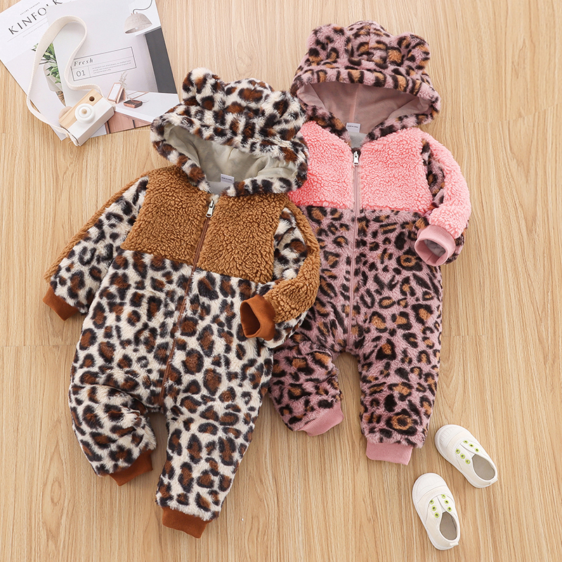 

Baby Girl Thickened Fleece Leopard Long-sleeve Hooded Jumpsuit