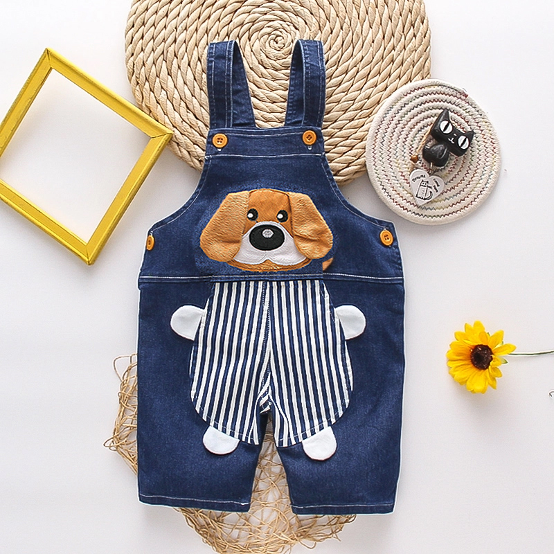 

Toddler Boy Dog Embroidered Ear Design Striped Denim Overalls