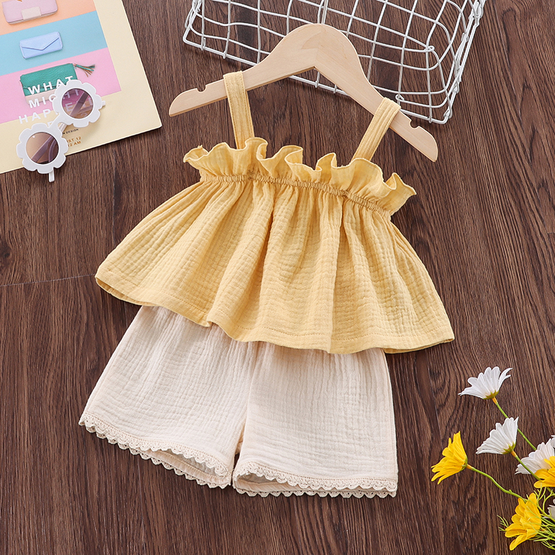 

100% Cotton Crepe 2pcs Baby Girl Solid Sleeveless Top and Shorts Set