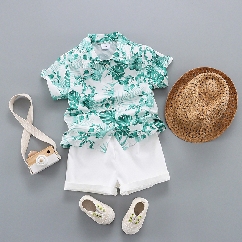 

3pcs Toddler Boy Straw Hat and Floral Leaf Print Shirt & Shorts Set