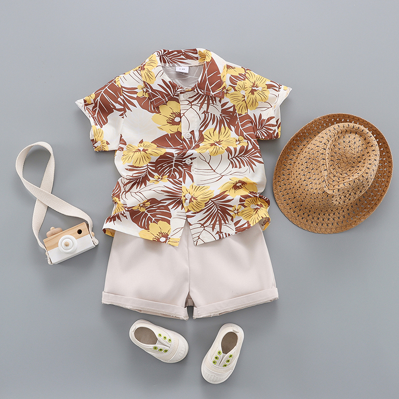 

3pcs Toddler Boy Casual Straw Hat and Floral Print Shirt & Shorts Set
