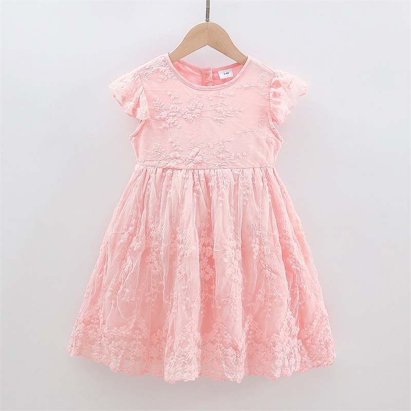 

Toddler Girl Floral Lace Design Flutter-sleeve Pink Mesh Party Dress