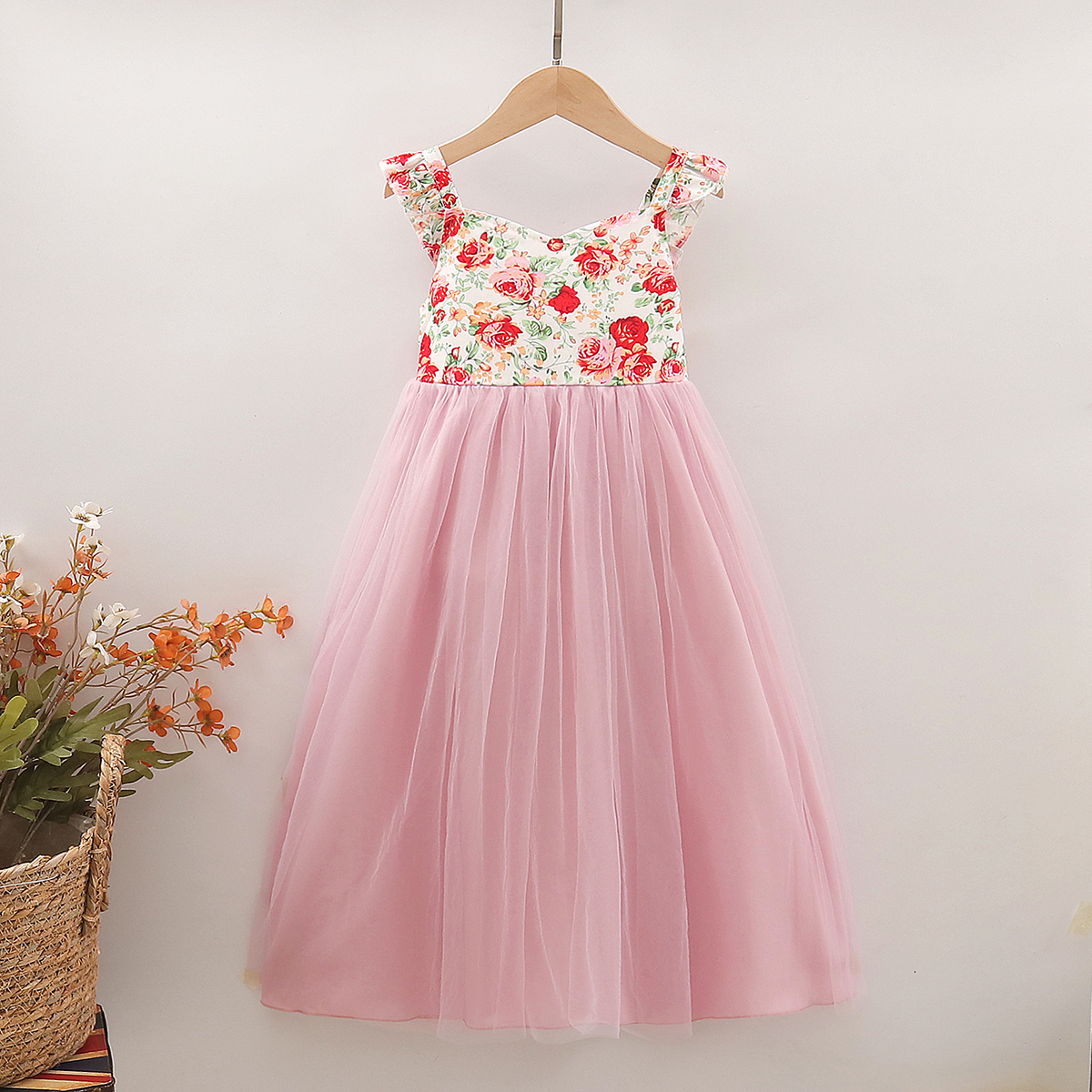 

Toddler Girl Floral Print Mesh Splice Party Strap Dress