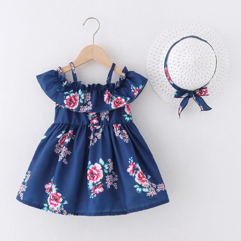 

2pcs Toddler Girl Floral Print Flounce Off Shoulder Strap Dress and Straw Hat Set