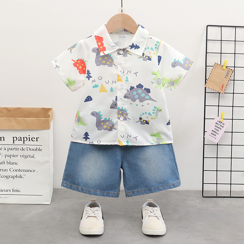 

2pcs Toddler Boy Playful Denim Shorts and Dinosaur Print Lapel Collar Shirt Set