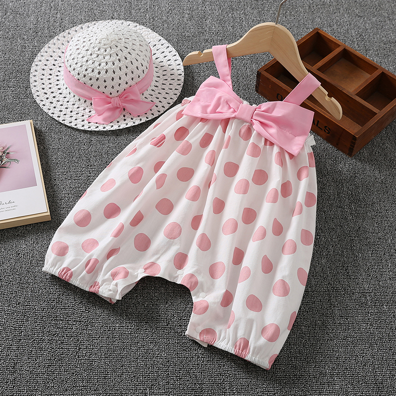 

2pcs Baby Girl Bow Front Polka Dots Cami Romper with Hat Set