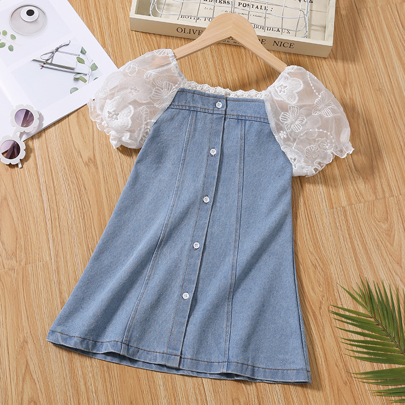 

Toddler Girl Lace Denim Splice Button Design Short-sleeve Dress
