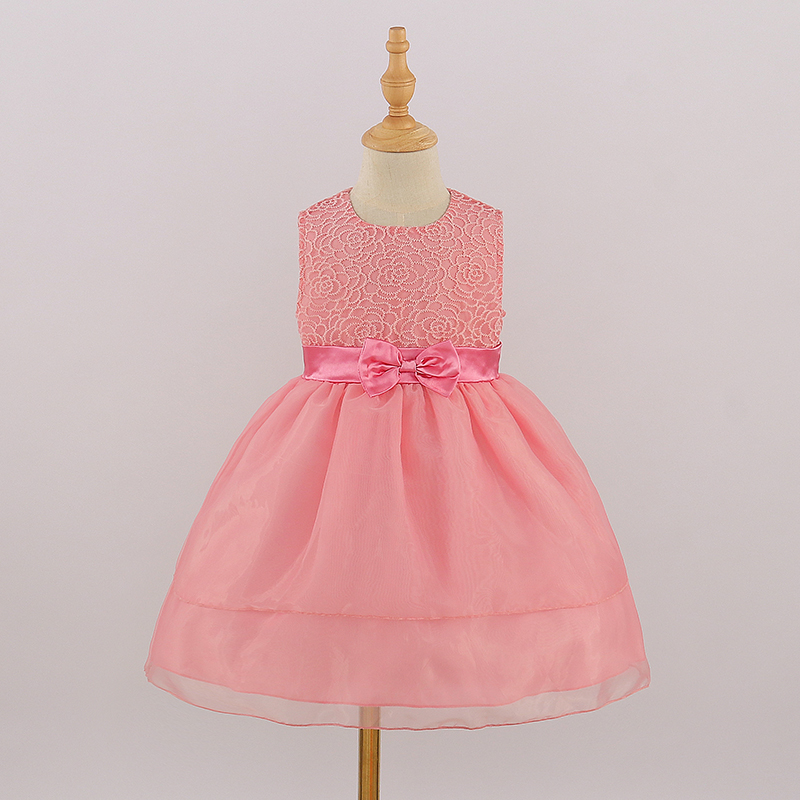 

Toddler Girl Embroidered Bowknot Design Sleeveless Mesh Princess Pink Party Dress