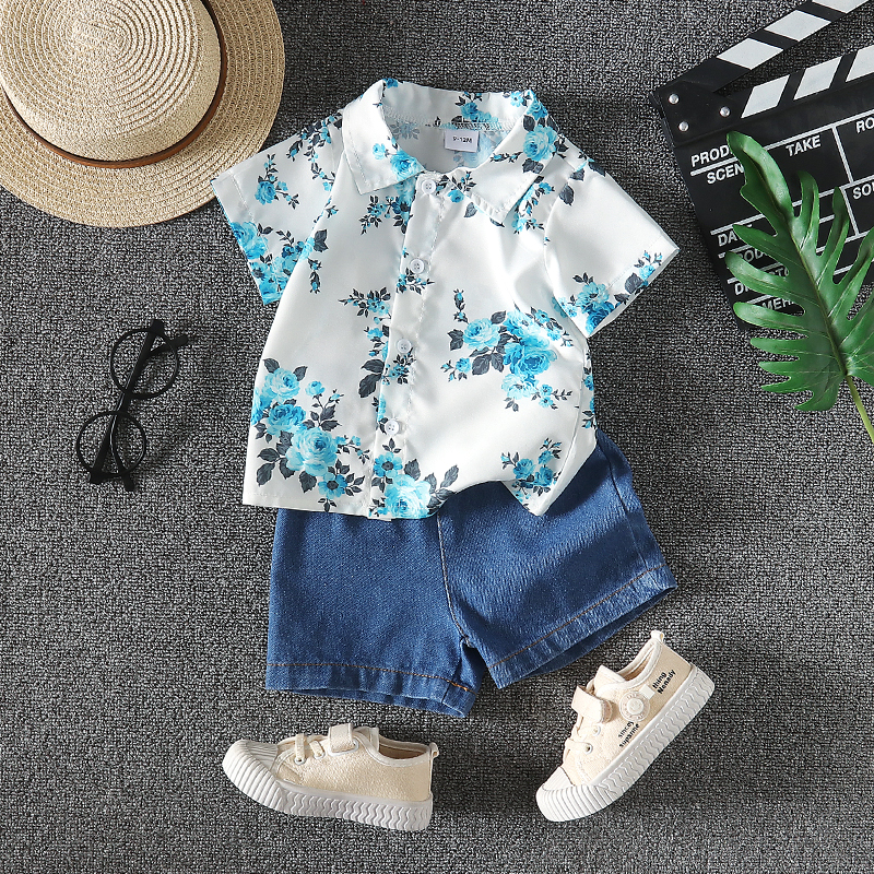 

2pcs Baby Boy 100% Cotton Denim Shorts and All Over Floral Print Short-sleeve Button Up Shirt Set