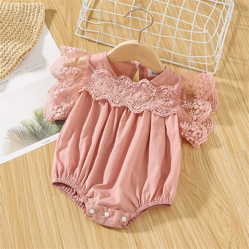 

100% Cotton Baby Girl Lace Flutter-sleeve Romper