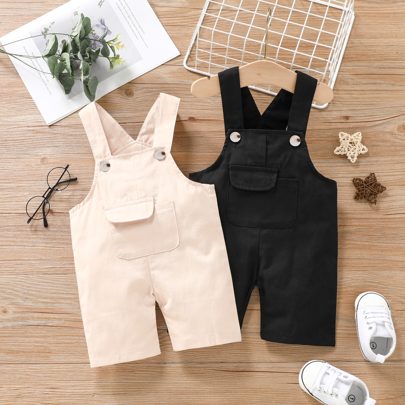 

100% Cotton Baby Boy/Girl Button Design Solid Overalls Shorts with Pocket