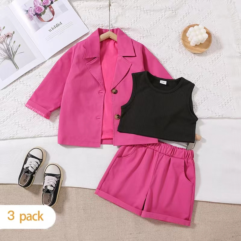 

3-Pack Toddler Girl Black Tank Top & Pink Shorts ans Lapel Collar Jacket Set