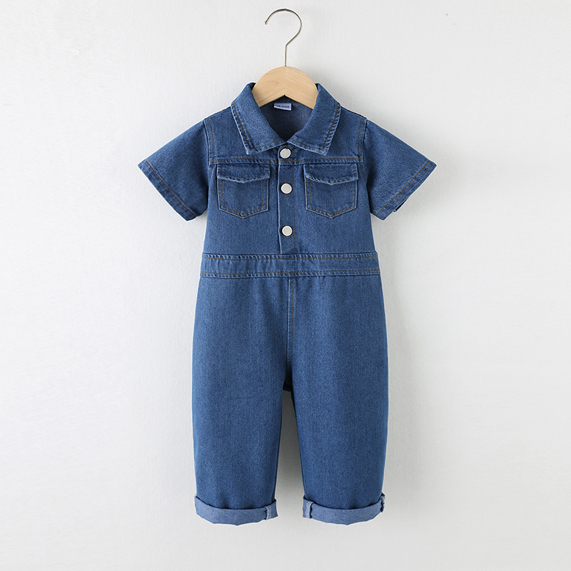 

Toddler Girl 100% Cotton Lapel Collar Button Design Short-sleeve Denim Jumpsuits