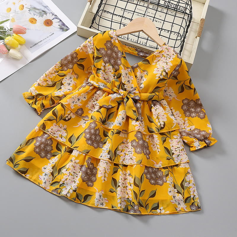 

Toddler Girl Elegant Floral Print V Neck Layered Long-sleeve Dress