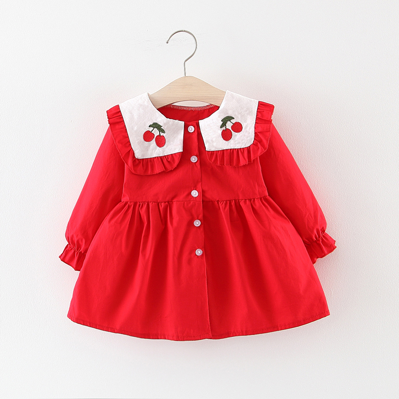 

Baby / Toddler Sweet Cherry Print Solid Doll Collar Dress