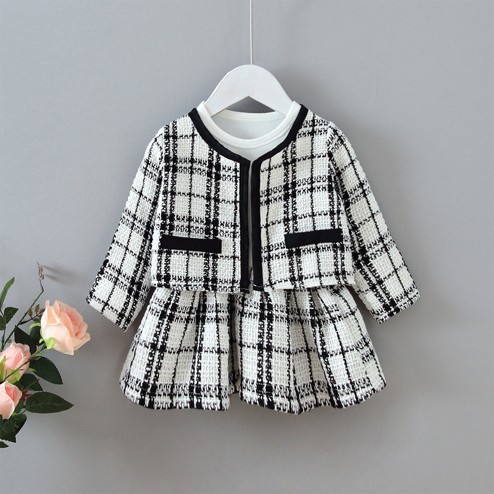 

2-piece Baby / Toddler Girl Preppy Style Plaid Cardigan and Long-sleeve Dress Set