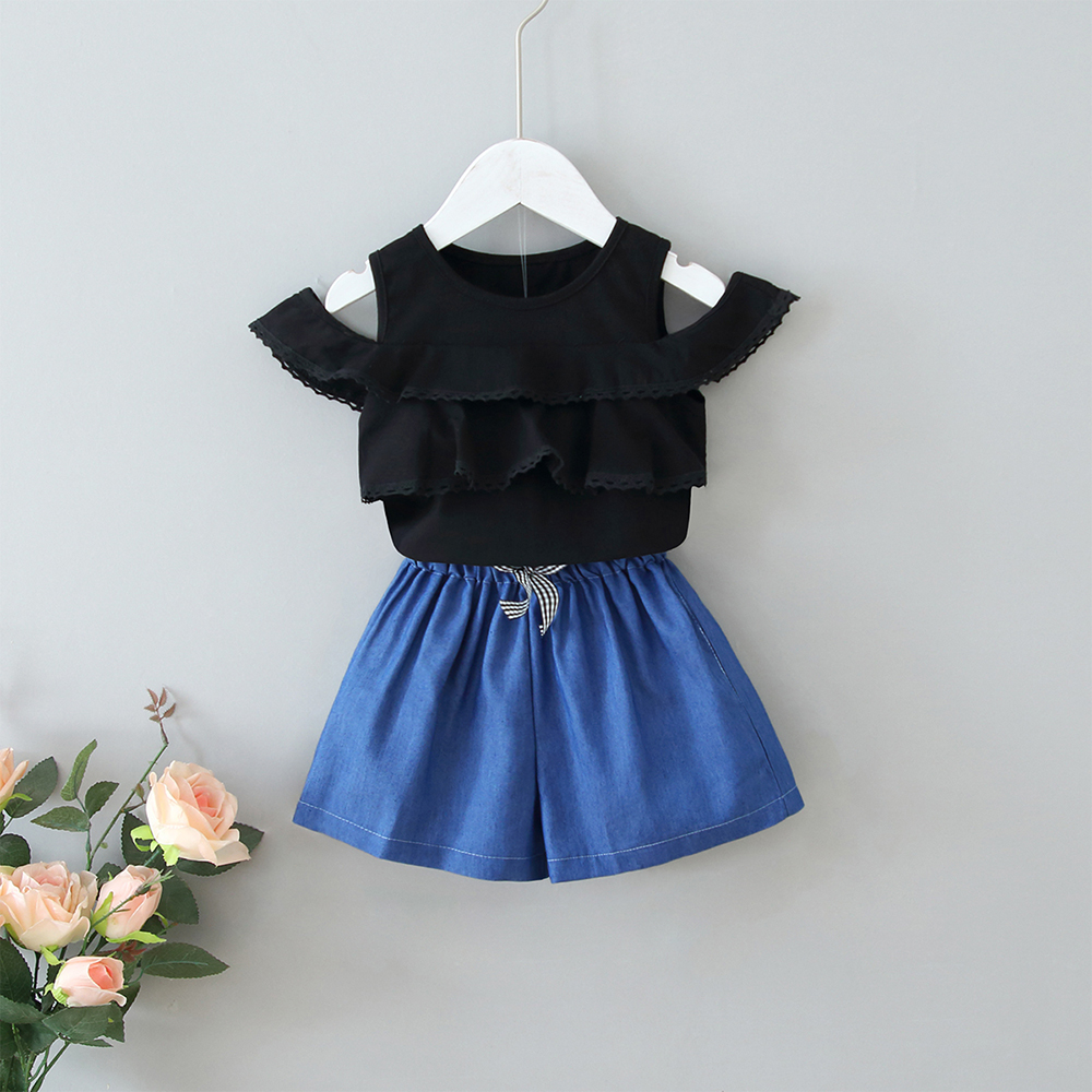 

2-piece Toddler Girl Flounce Off Shoulder Solid Top and Shorts Set