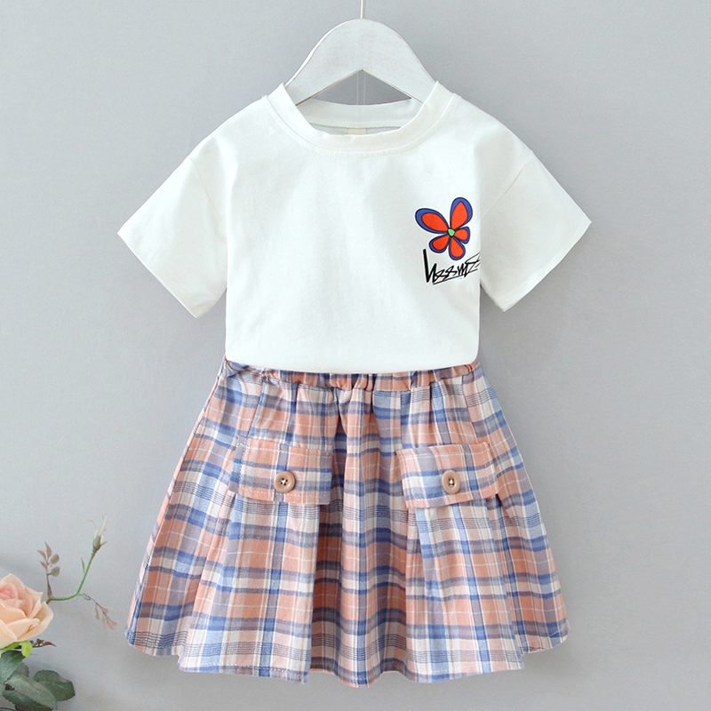 

2-piece Baby / Toddler Girl Floral Top and Plaid Skirt Set