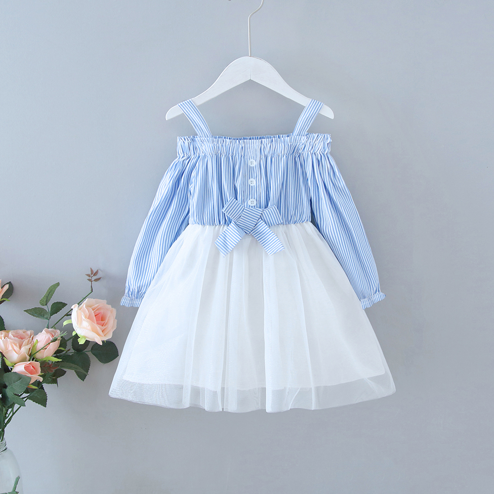 

Baby / Toddler Stylish Striped Mesh Splice Off Shoulder Dress