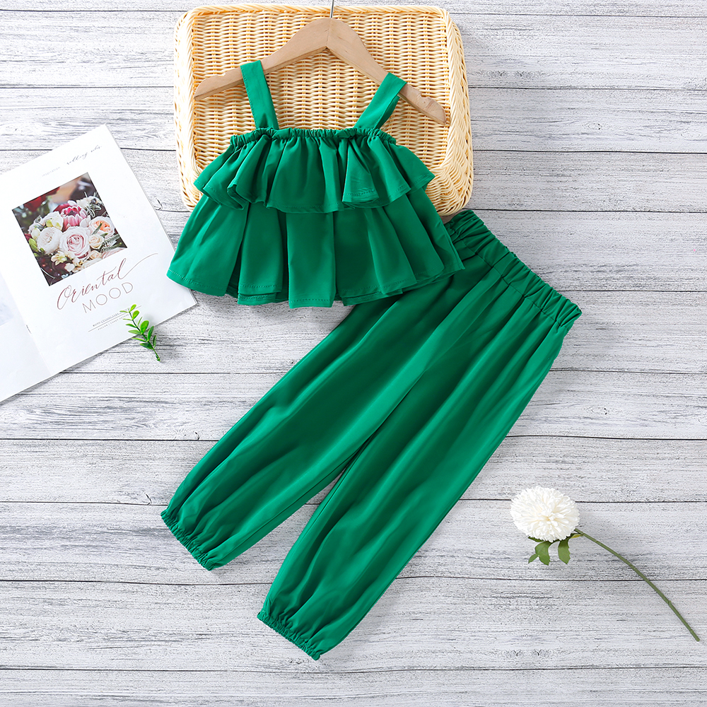 

2-piece Toddler Girl Sweet Flounced Solid Tank Top and Elasticized Pants Set