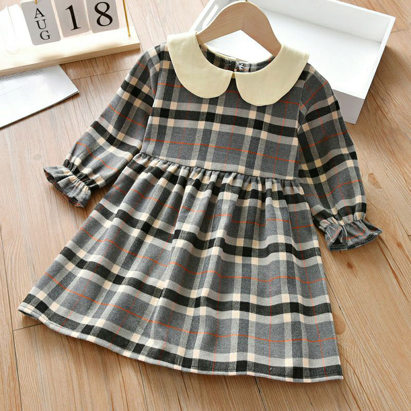 

Toddler Girl Doll Collar Long Ruffle-sleeve Plaid Pleated Dress