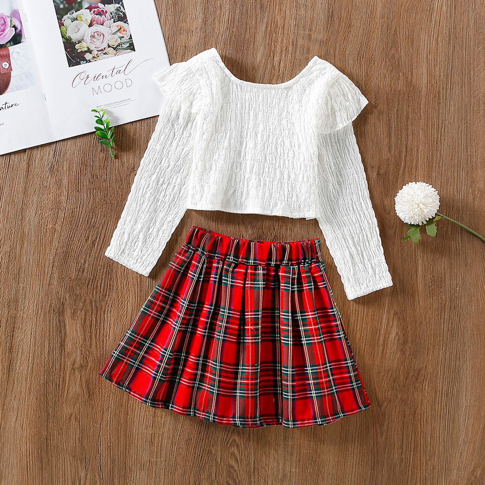 

2-piece Toddler Girl Textured Long-sleeve White Blouse and Red Plaid Skirt Set