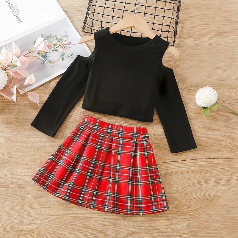 

2-piece Toddler Girl 100% Cotton Cold Shoulder Long-sleeve Black T-shirt and Red Plaid Skirt Set
