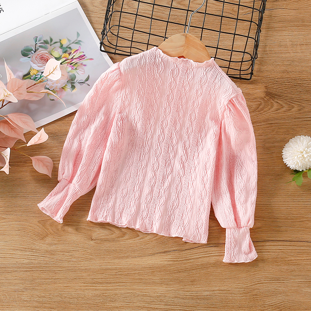 

Toddler Girl Stand Collar Solid Knit Bishop sleeve Top