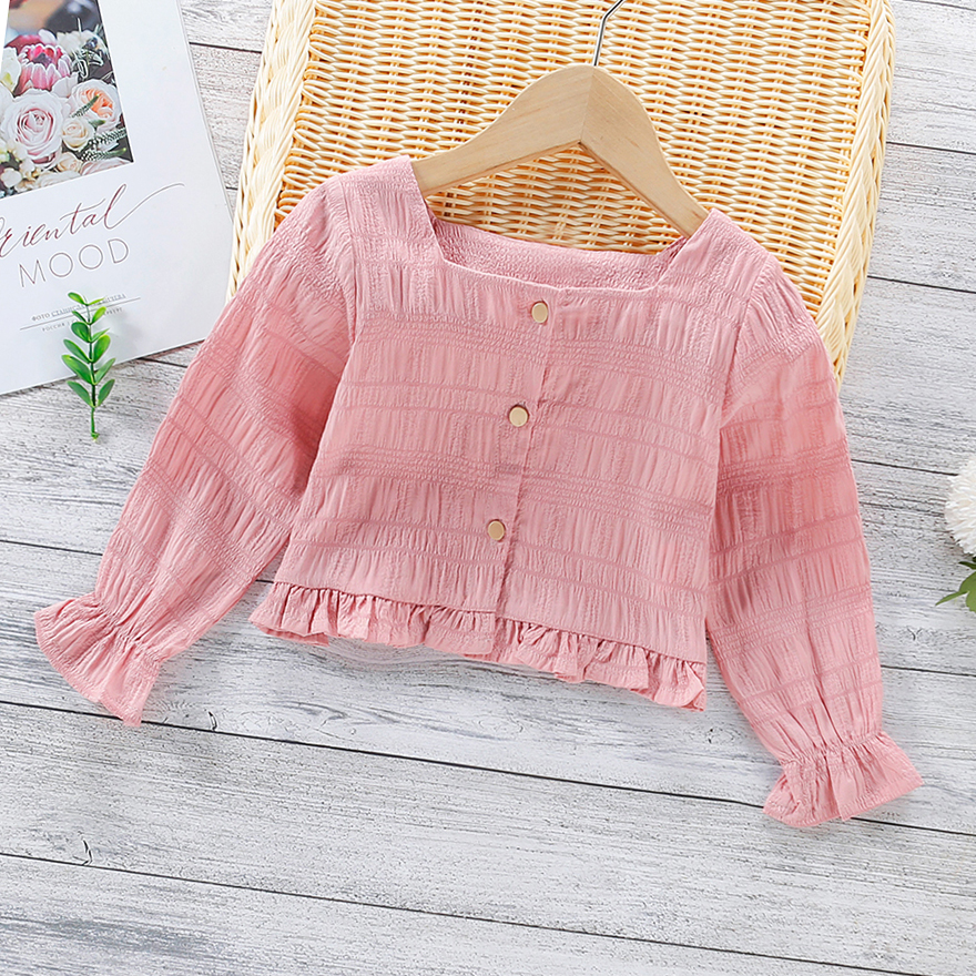 

Toddler Girl Square Neck Ruffled Long-sleeve Solid Blouse