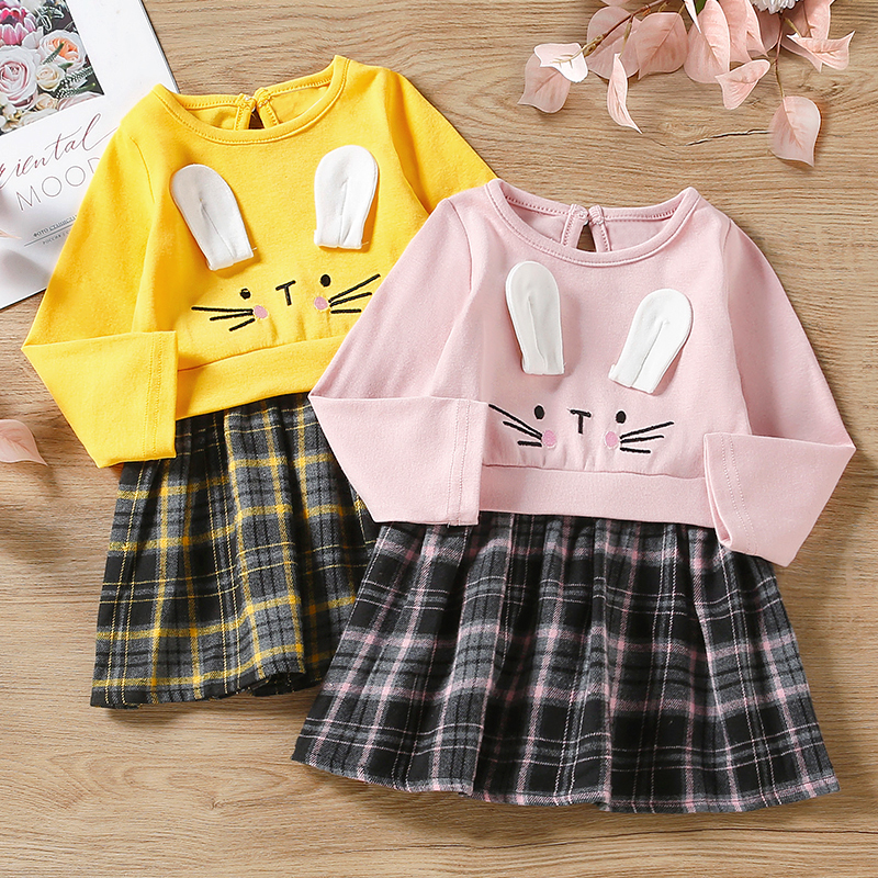 

Toddler Girl 100% Cotton Rabbit Print Ear Design Plaid Stitching Long-sleeve Dress