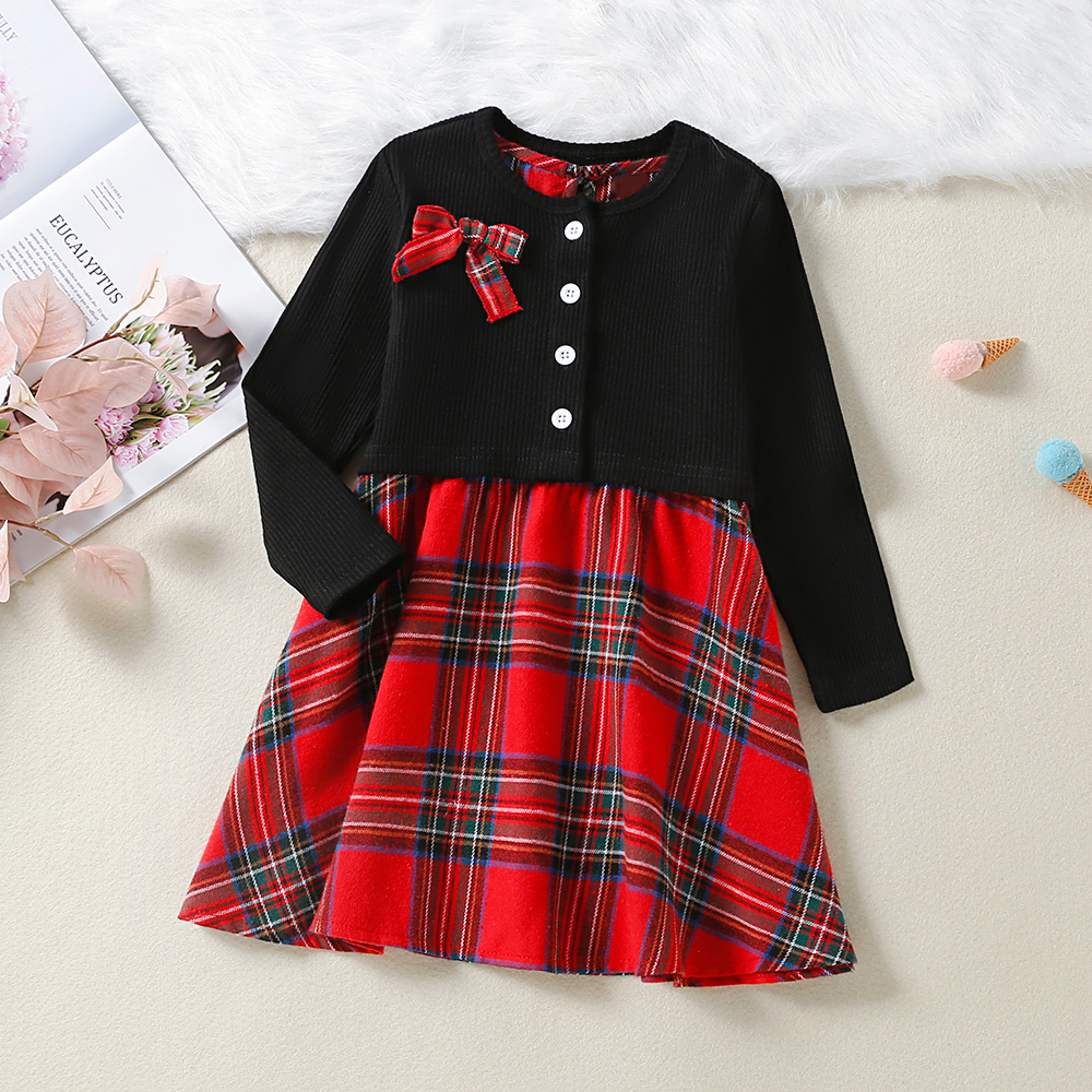 

Toddler Girl 100% Cotton Solid Bowknot Design Top and Plaid Strap Skirt Set