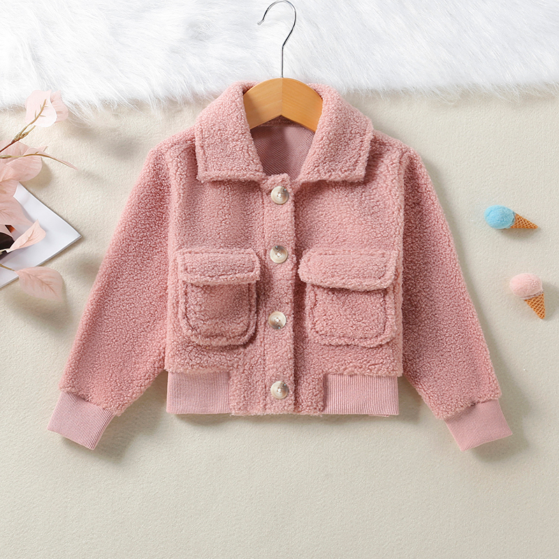 

Toddler Girl 100% Cotton Lapel Collar Button Design Fuzzy Pink Jacket Coat