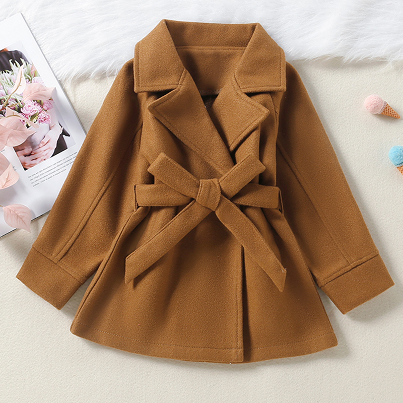 

Toddler Girl Lapel Collar Belted Brown Coat