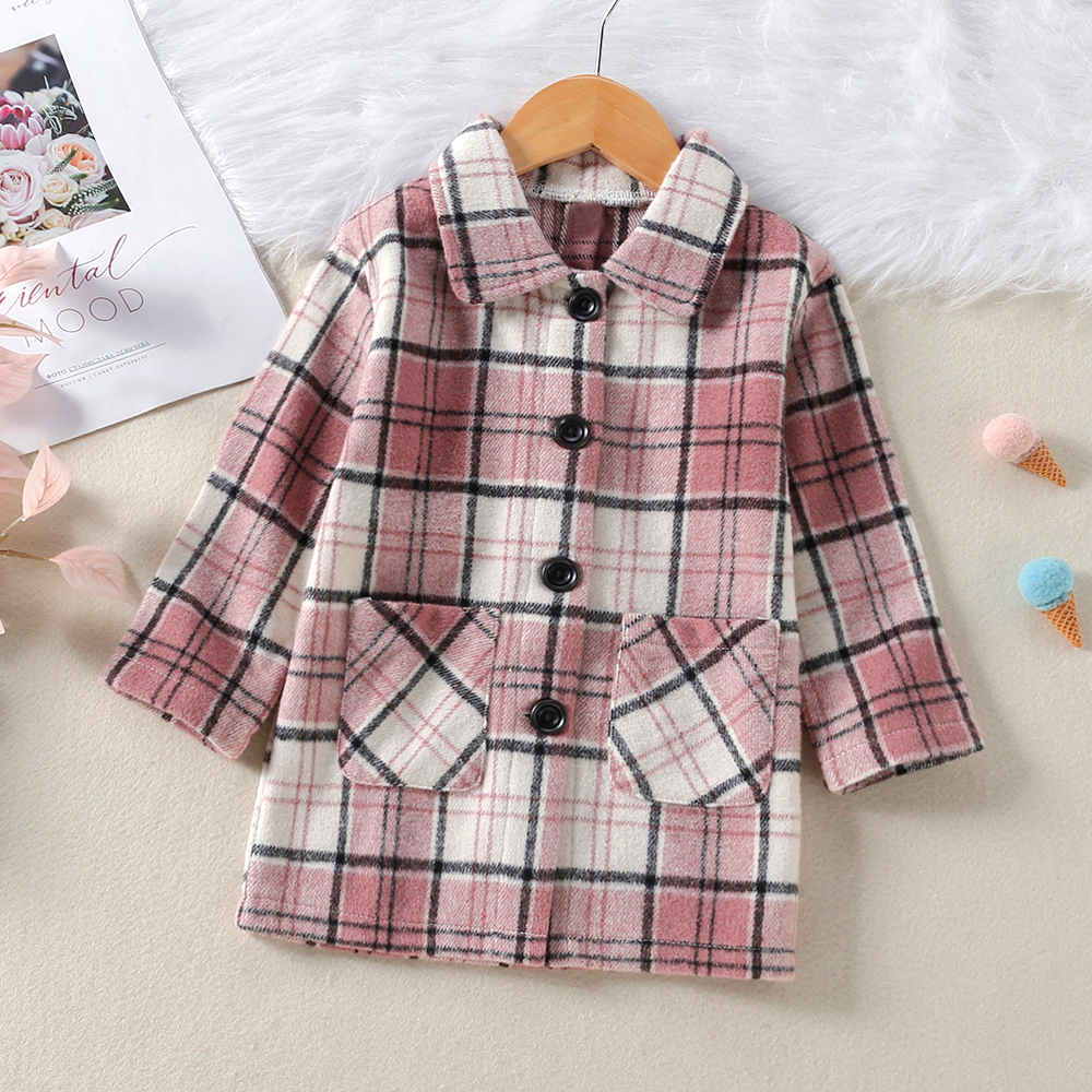 

Toddler Girl Lapel Collar Plaid Single-Breasted Coat