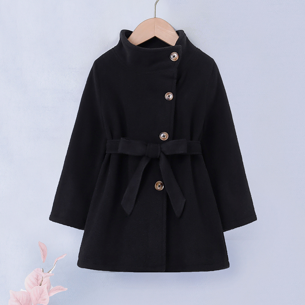 

Toddler Girl Button Design Stand Collar Belted Black Coat