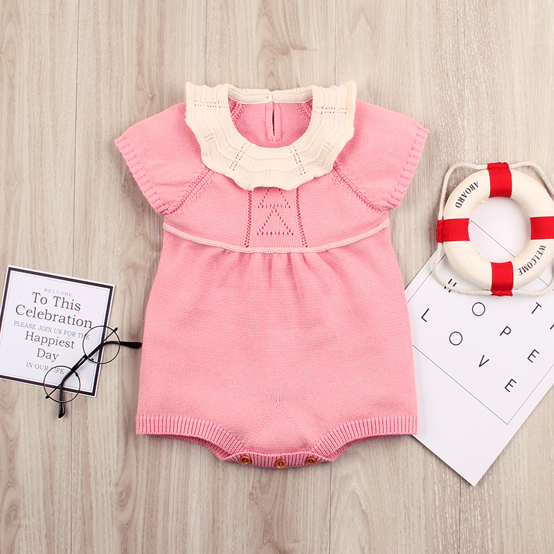 

Baby Girl Knitted Solid Ruffle Collar Short-sleeve Romper