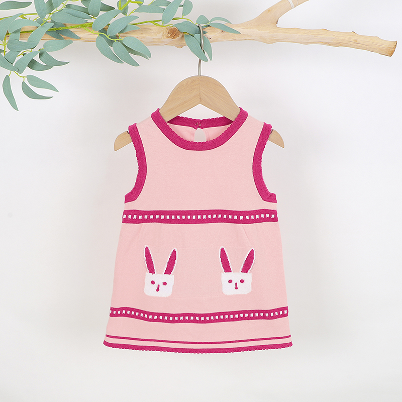 

100% Cotton Baby Rabbit Pattern Pink Sleeveless Knitted Dress