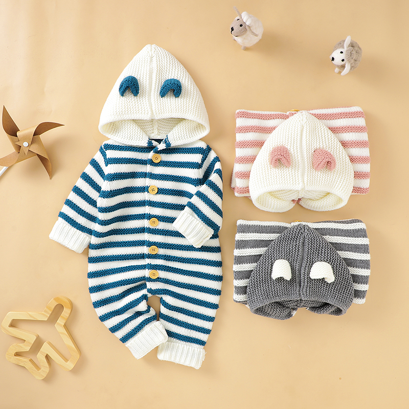 

Stripe Print 3D Ear Hoodie Long-sleeve Knitted Baby Jumpsuit