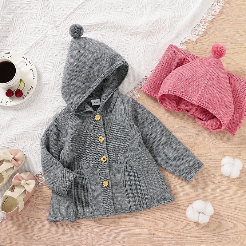 

Solid Knitted Button Down Long-sleeve Baby Hooded Cardigan Coat