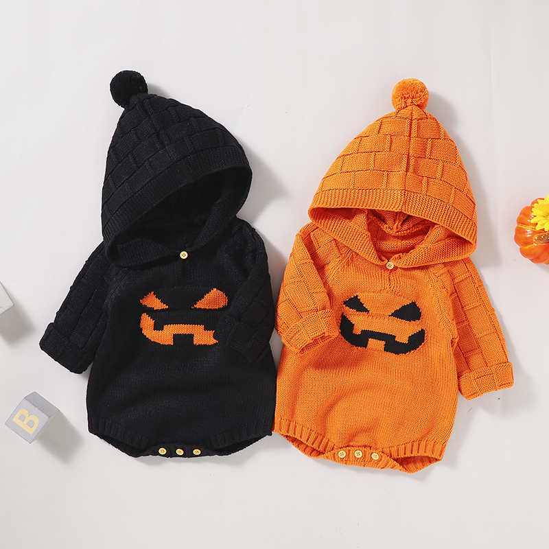 

Halloween Pumpkin Knitted Long-sleeve Baby Hoodie Sweater Romper