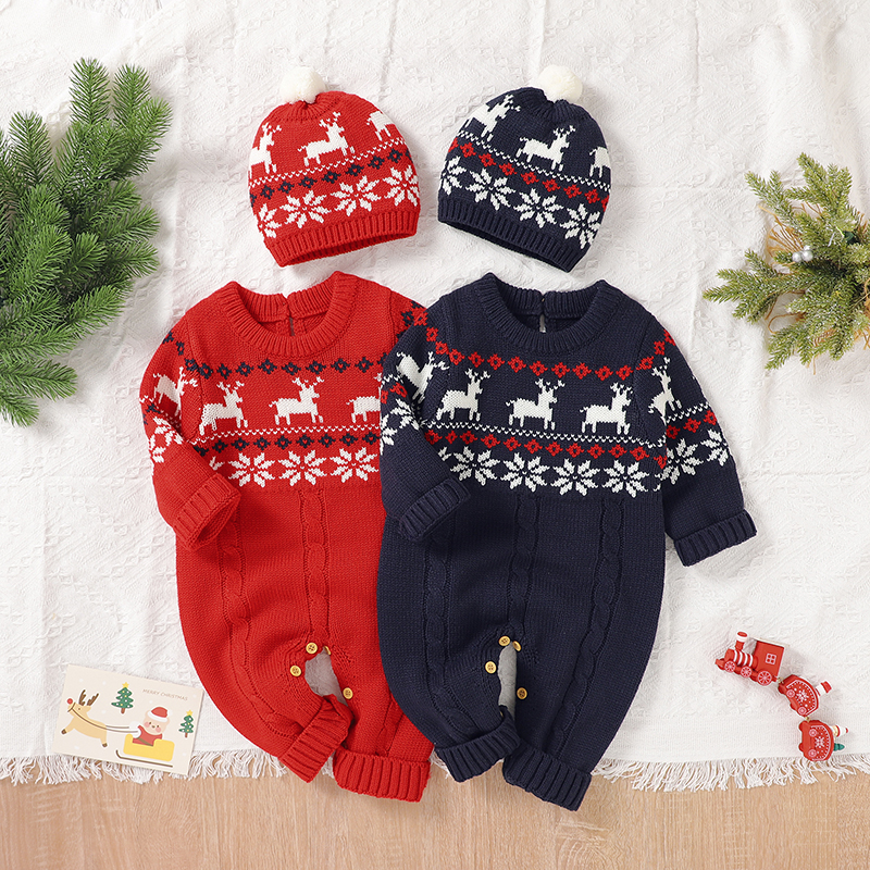 

Baby 2pcs Christmas Reindeer and Snowflake Long-sleeve Knitted Jumpsuit Set