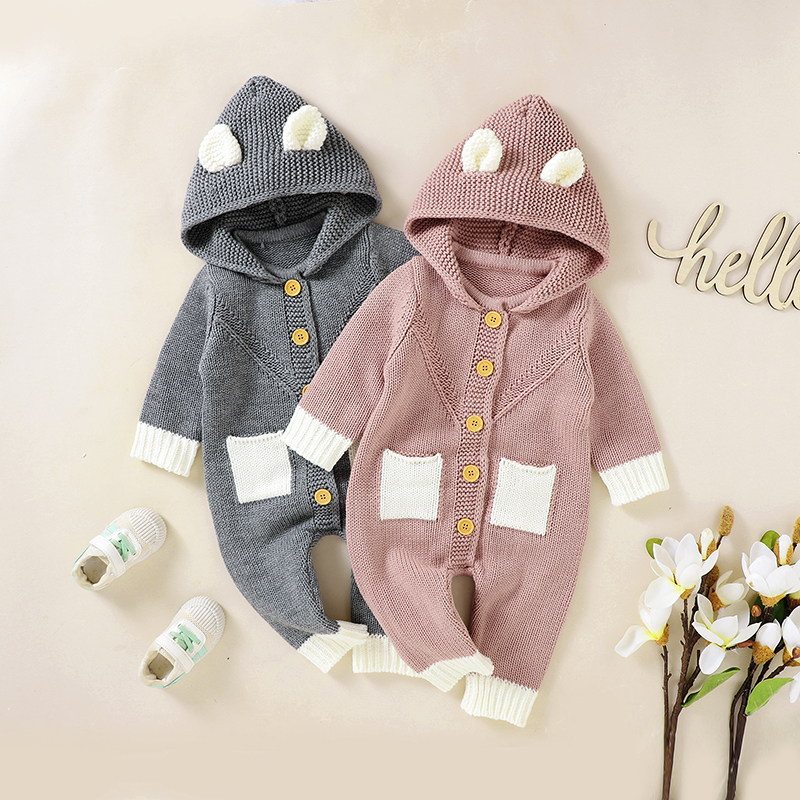 

Baby Solid Knitted Long-sleeve 3D Ears Hooded Jumpsuit