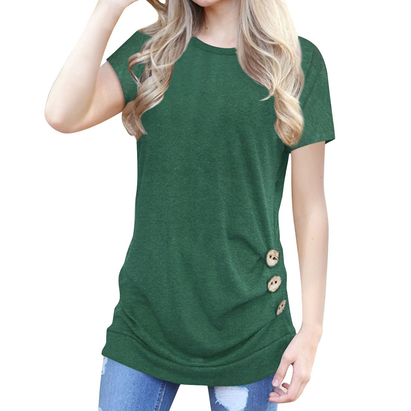 

Casual Solid Button Decor Short-sleeve Tee for Women