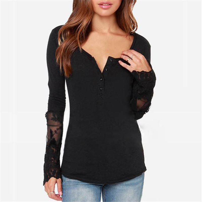 

Pretty Solid Long-sleeve Lace Design T-shirt for Women
